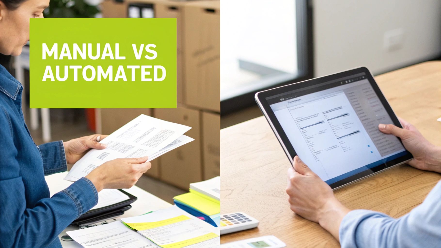 A split-screen image showing a chaotic desk with scattered papers on one side (manual) and a clean, organized dashboard on a computer screen on the other (automation).