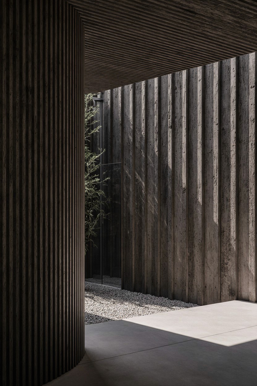 A view of a studio interior with modern decor, featuring large windows that offer a glimpse of lush greenery outside