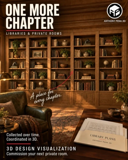 Concept cover of a wood library with five open bookcase bays over paneled base storage.