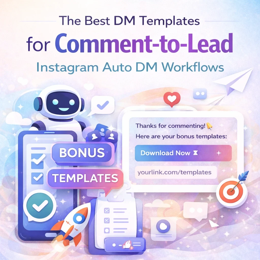 Blog header illustration for “The Best DM Templates for Comment-to-Lead Instagram Auto DM Workflows,” showing automated Instagram DM templates, a chatbot assistant, bonus download message, call-to-action button, and modern UI elements on a light, trendy background.
