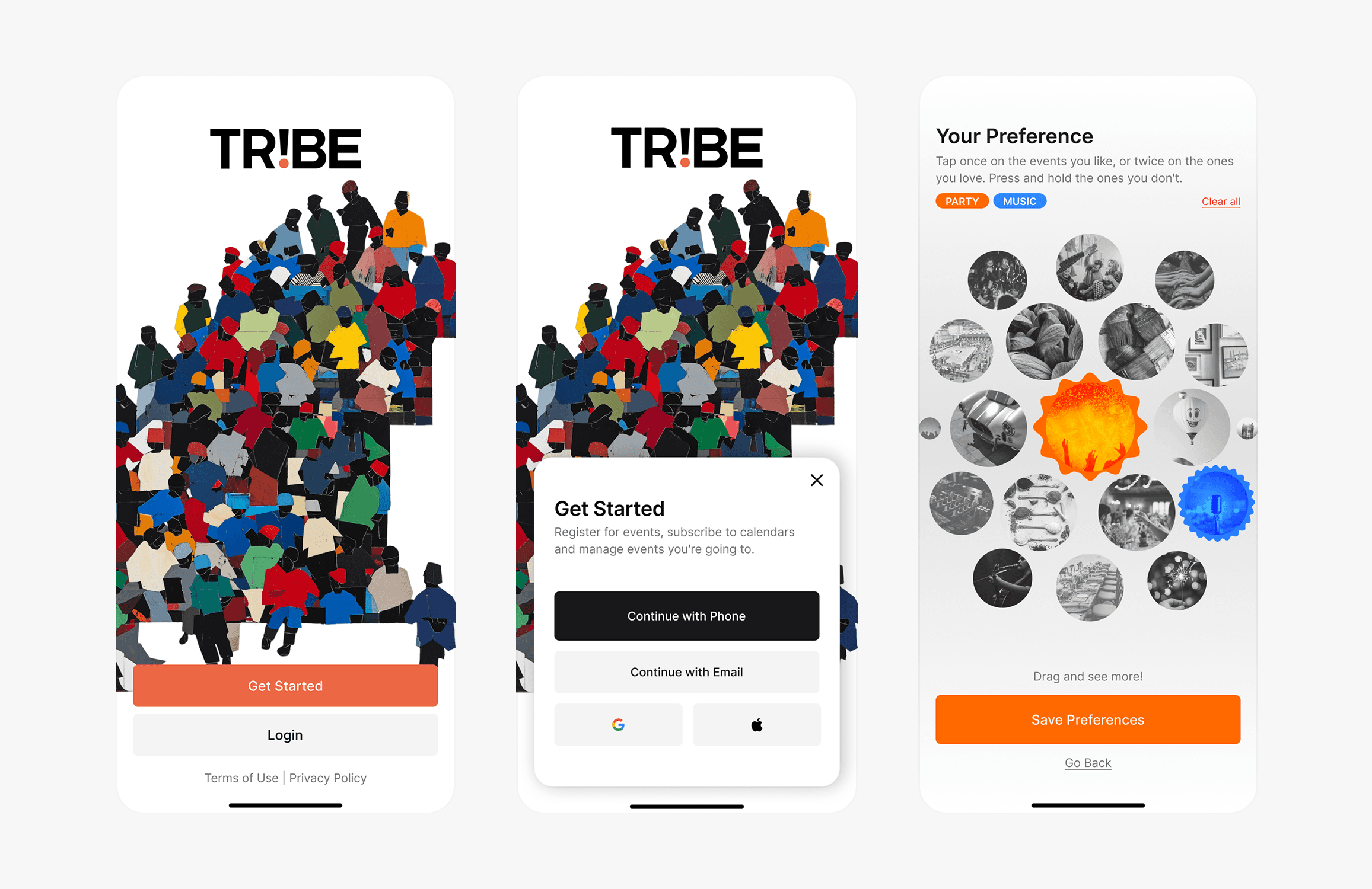 The image showcases the TR!BE app interface with three screens: one featuring colorful silhouettes seated in a theater, a login page offering options to continue with phone or email, and a preferences page displaying circular icons with activities and a 'Save Preferences' button.