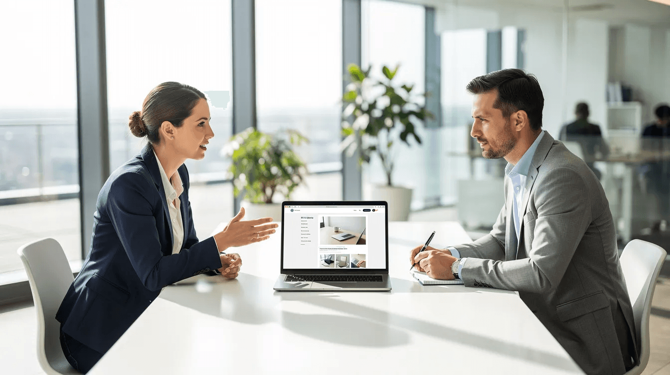 Two business professionals are engaged in a meeting in a bright, modern office, with a laptop open displaying their portfolio work. The environment reflects a creative web design agency atmosphere, emphasizing collaboration and innovative digital solutions.