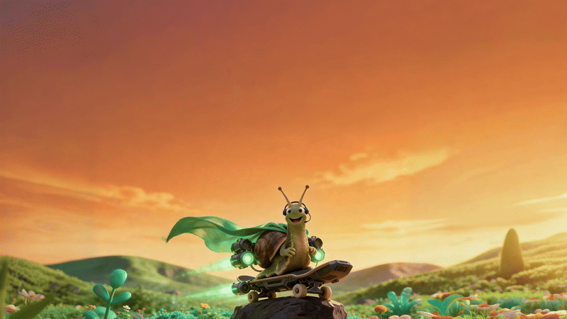 Zippy the snail on a skateboard parked on a rock in an open field