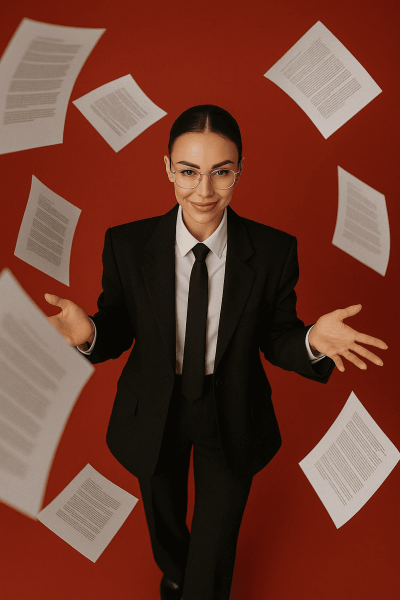 Woman in a suit standing amidst many flying white papers.