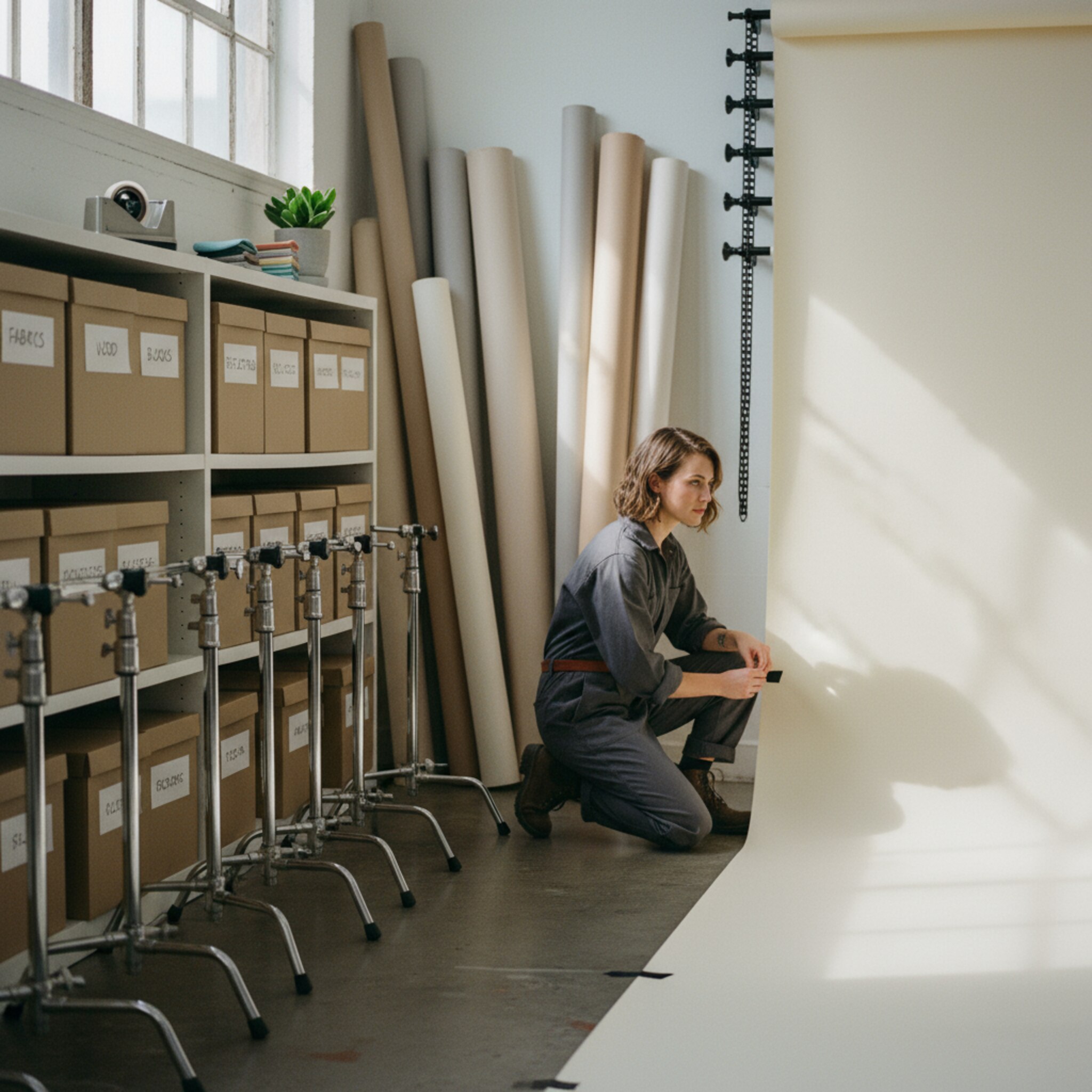 Ein aufgeräumter Studiobereich mit geordneten Backdrops und sauber arrangierten Requisiten. Jemand überprüft die Fläche und richtet eine Markierung neu aus. Die Szenerie wirkt klar strukturiert und planvoll vorbereitet.