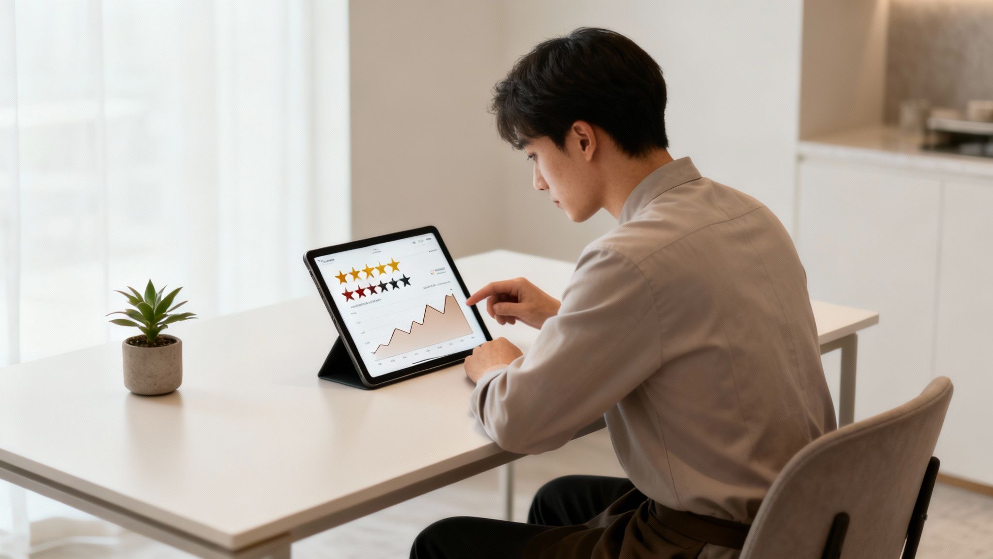 Young man analyzing customer service ratings and performance trends on a digital tablet at a modern table.