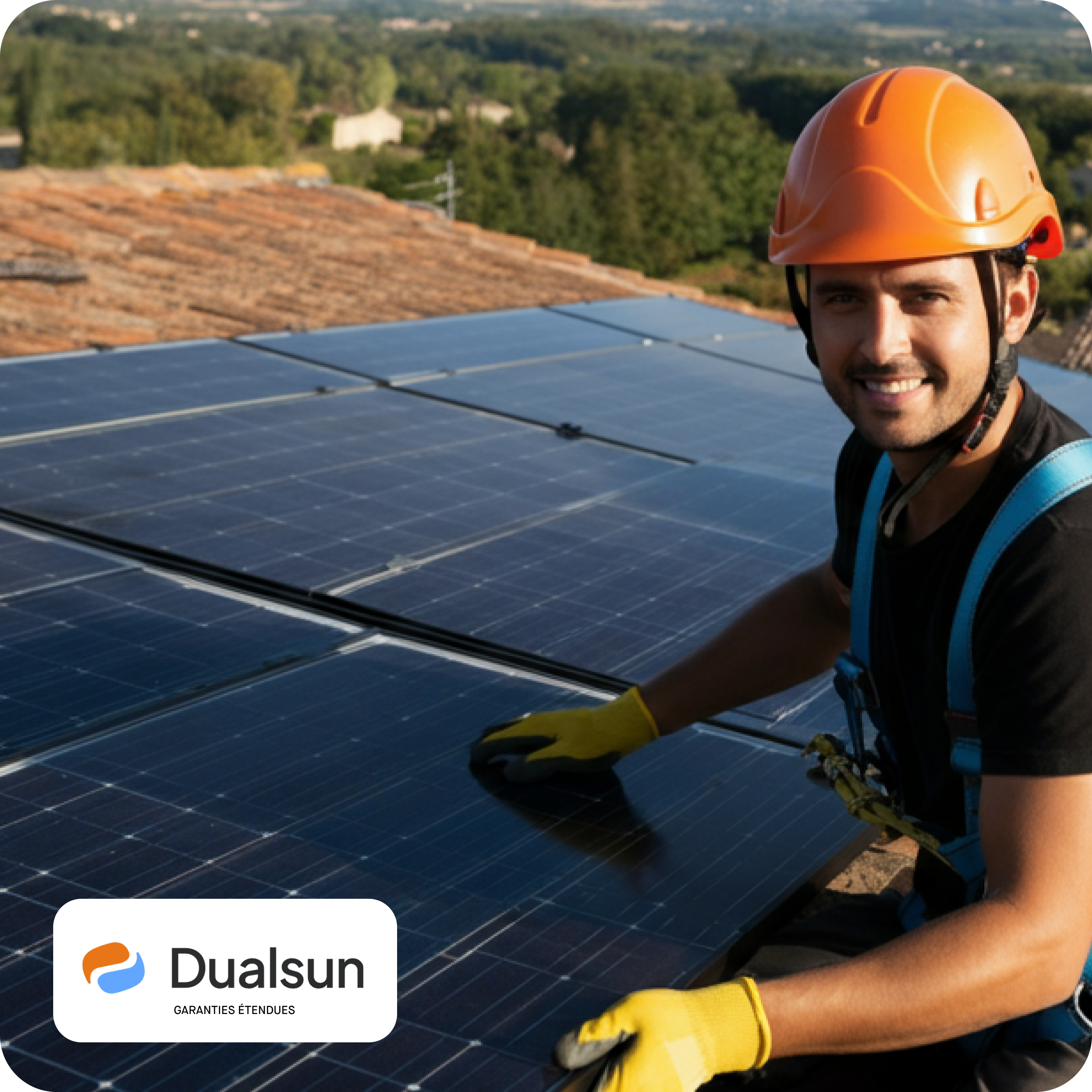 Un technicien Solarock s’occupe de la maintenance d’une installation de panneaux solaires DualSun dans le cadre de la garantie étendue. On voit les panneaux solaires sur le toit d’une maison et un paysage rural en arrière plan.