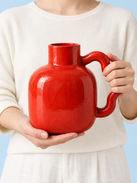 The same red Loop vase held in two hands against a cream top