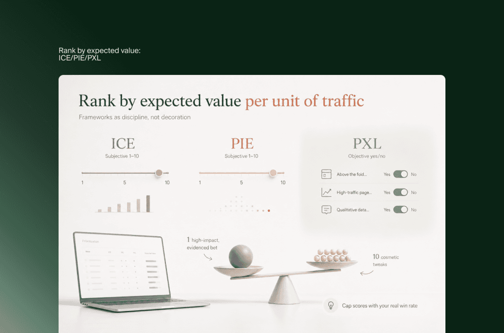 CRO-Tests nach erwartetem Wert pro Traffic-Einheit priorisieren mit ICE, PIE und PXL, dazu eine Waage
