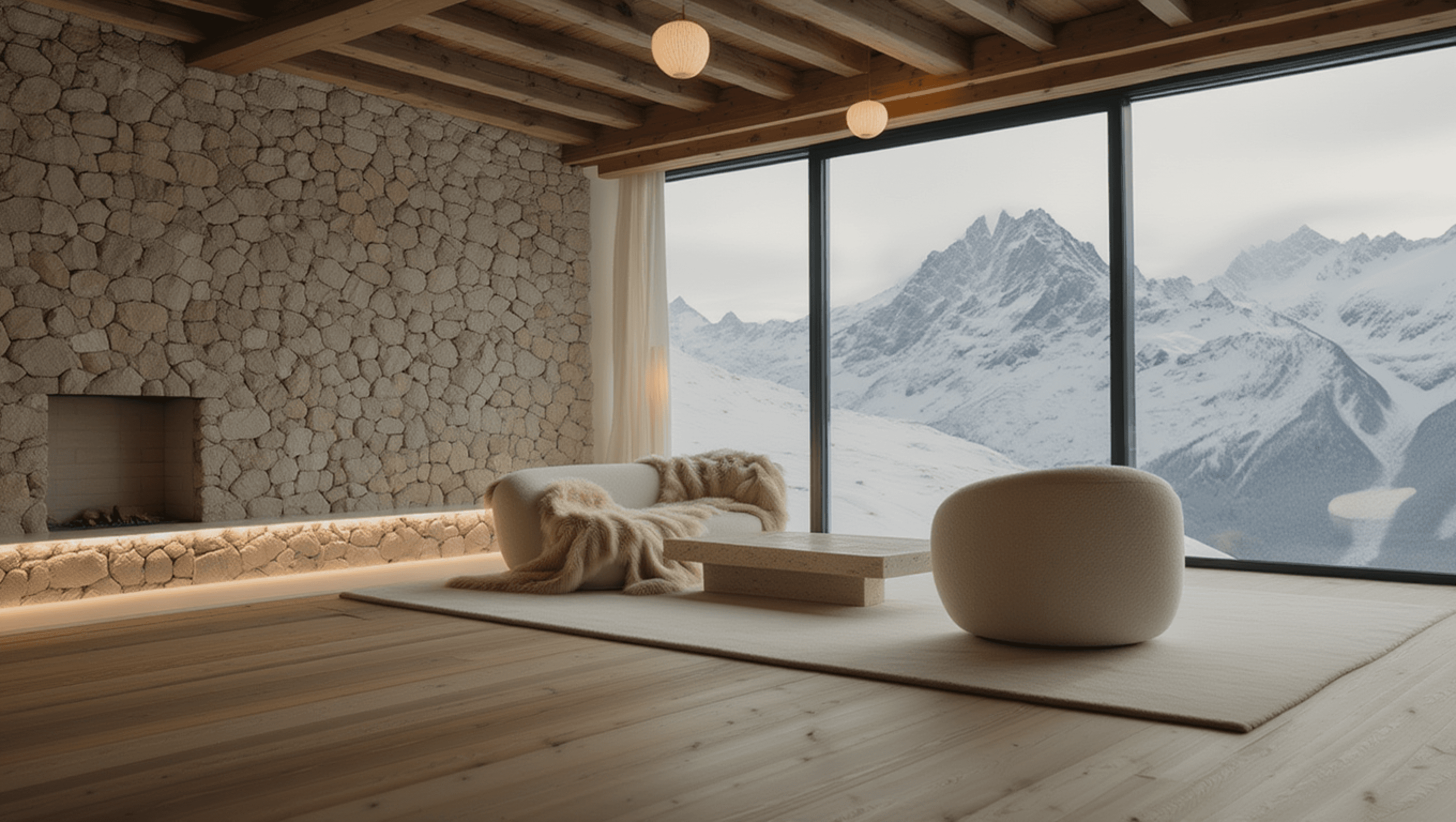 Minimalist hotel room with floor-to-ceiling mountain view windows