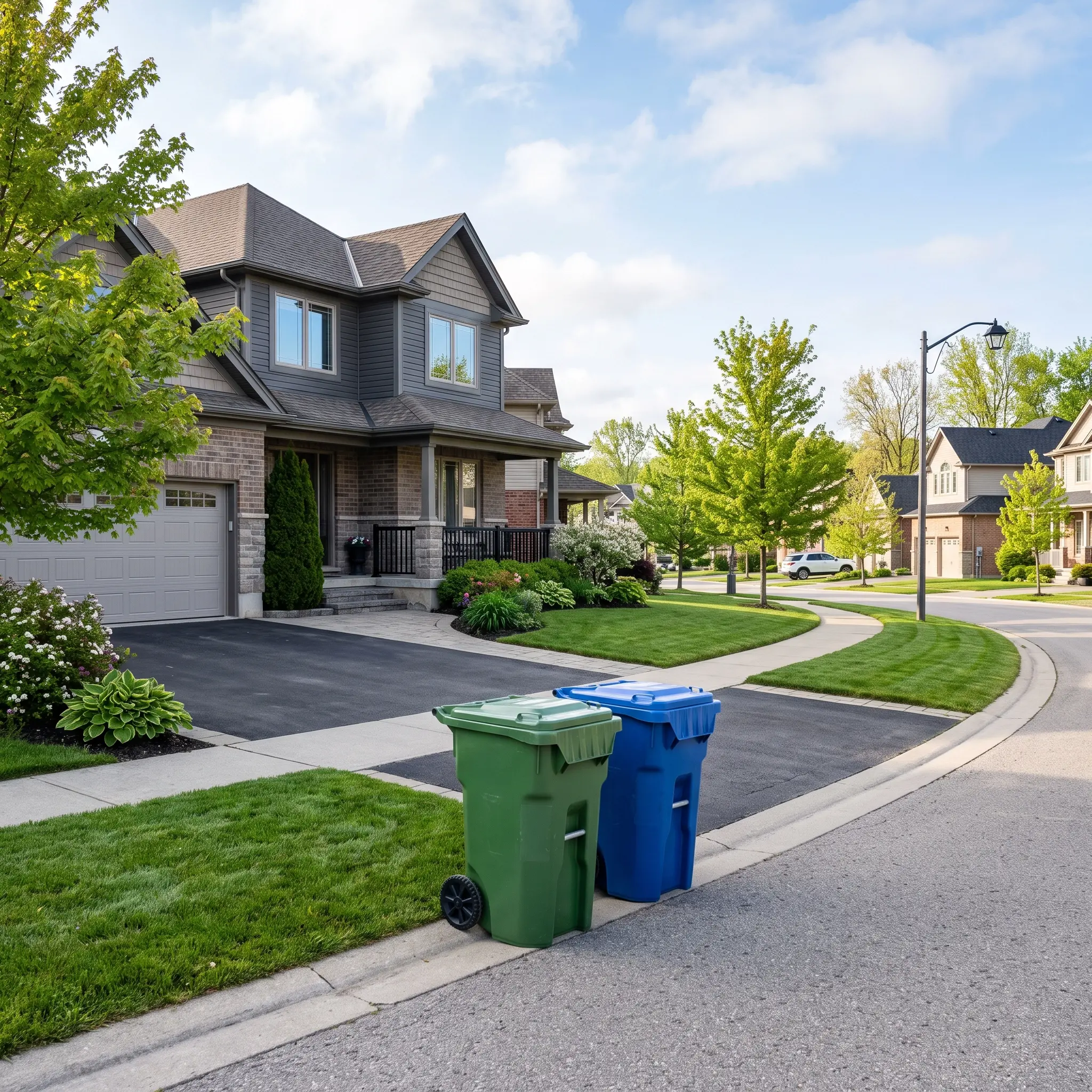 Quiet residential street with green and blue recycling bins