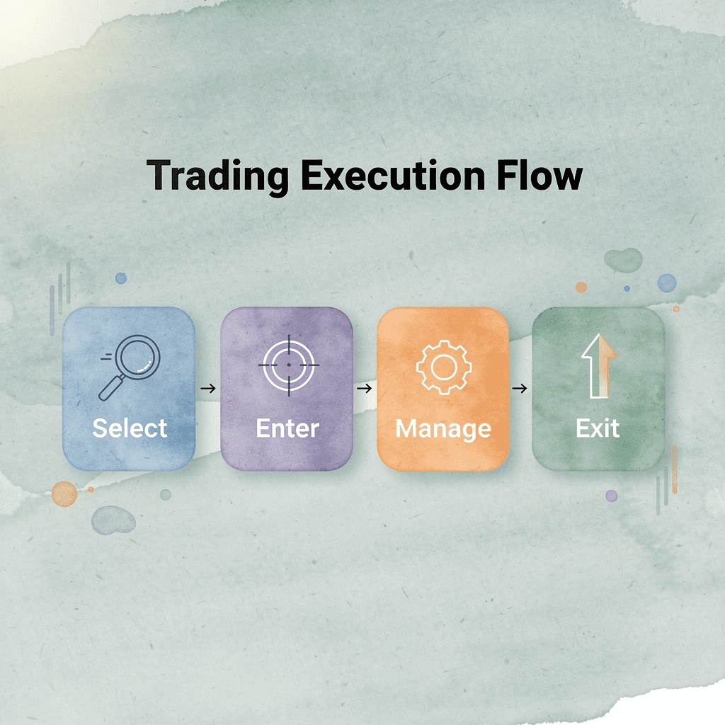 Four-step trading process flow from selection to exit