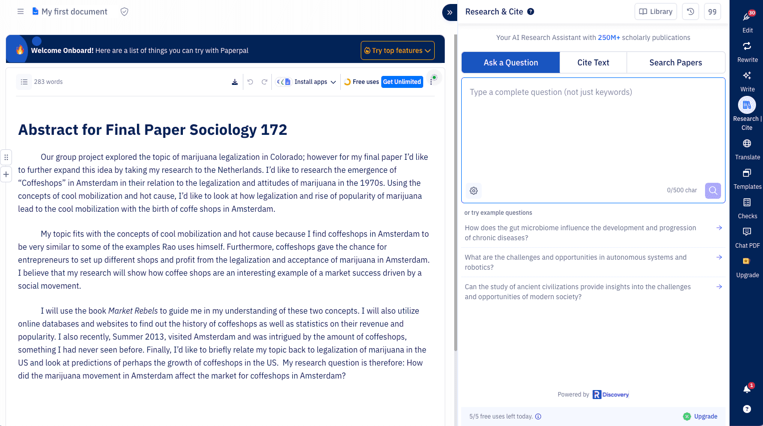 Paperpal interface showing an abstract on Amsterdam coffee shops with the Research and Cite AI assistant panel open on the right.