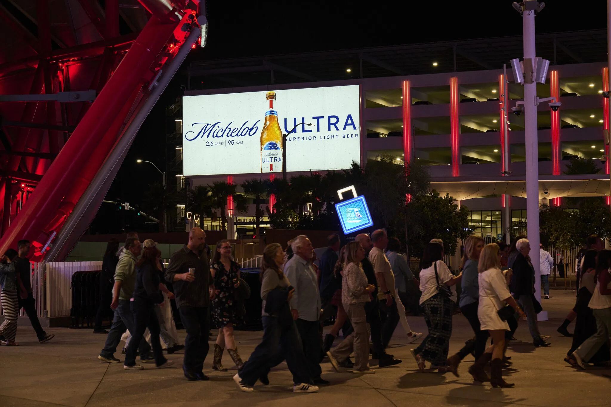 Intuit Dome illuminated at night