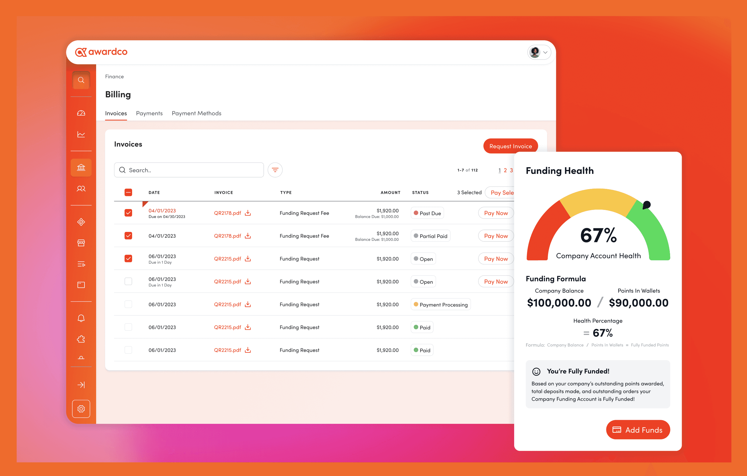 Billing portal overview with the funding health widget. The funding health widget was designed to address Tableau Funding Account report discrepancies to act as a data gap filler and real-time pulse of their account status.