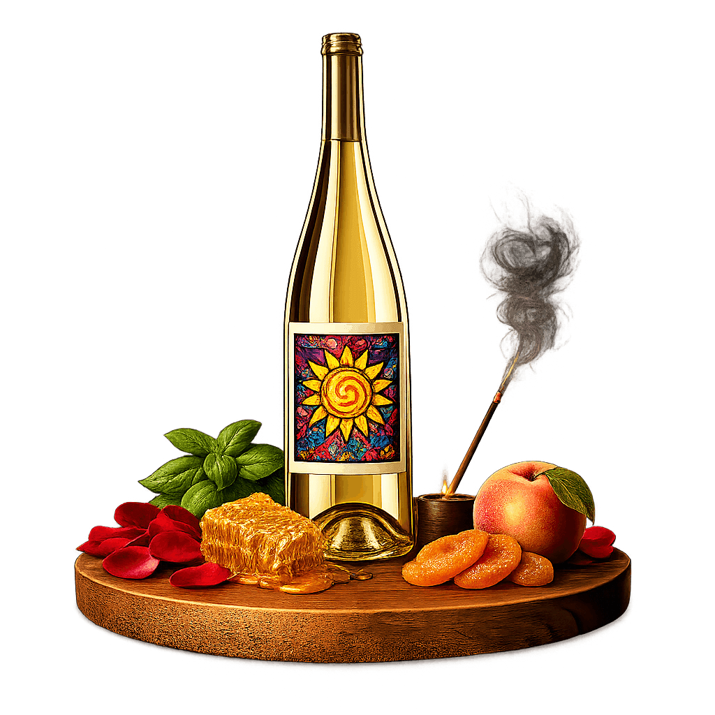 Artistic label and flavor profile for Romanian Tamaioasa Romaneasca on a rustic wooden table.