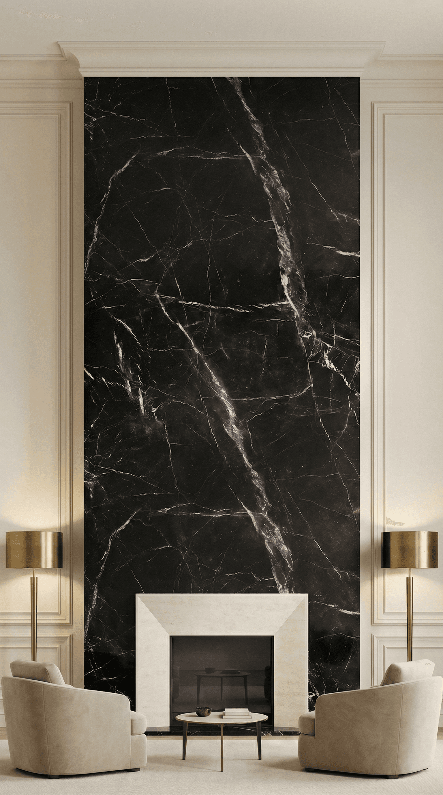 Minimalist living room with towering Nero Marquina black marble fireplace feature wall, symmetrical styling and brass lamps