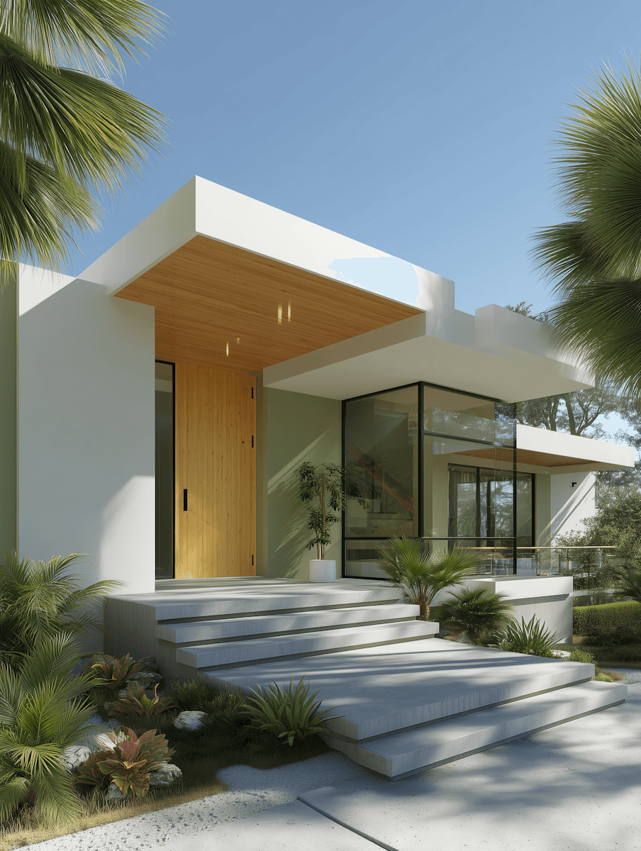 A modern, minimalist house exterior featuring large glass windows, a sleek wooden front door, and lush greenery, set against a clear blue sky.