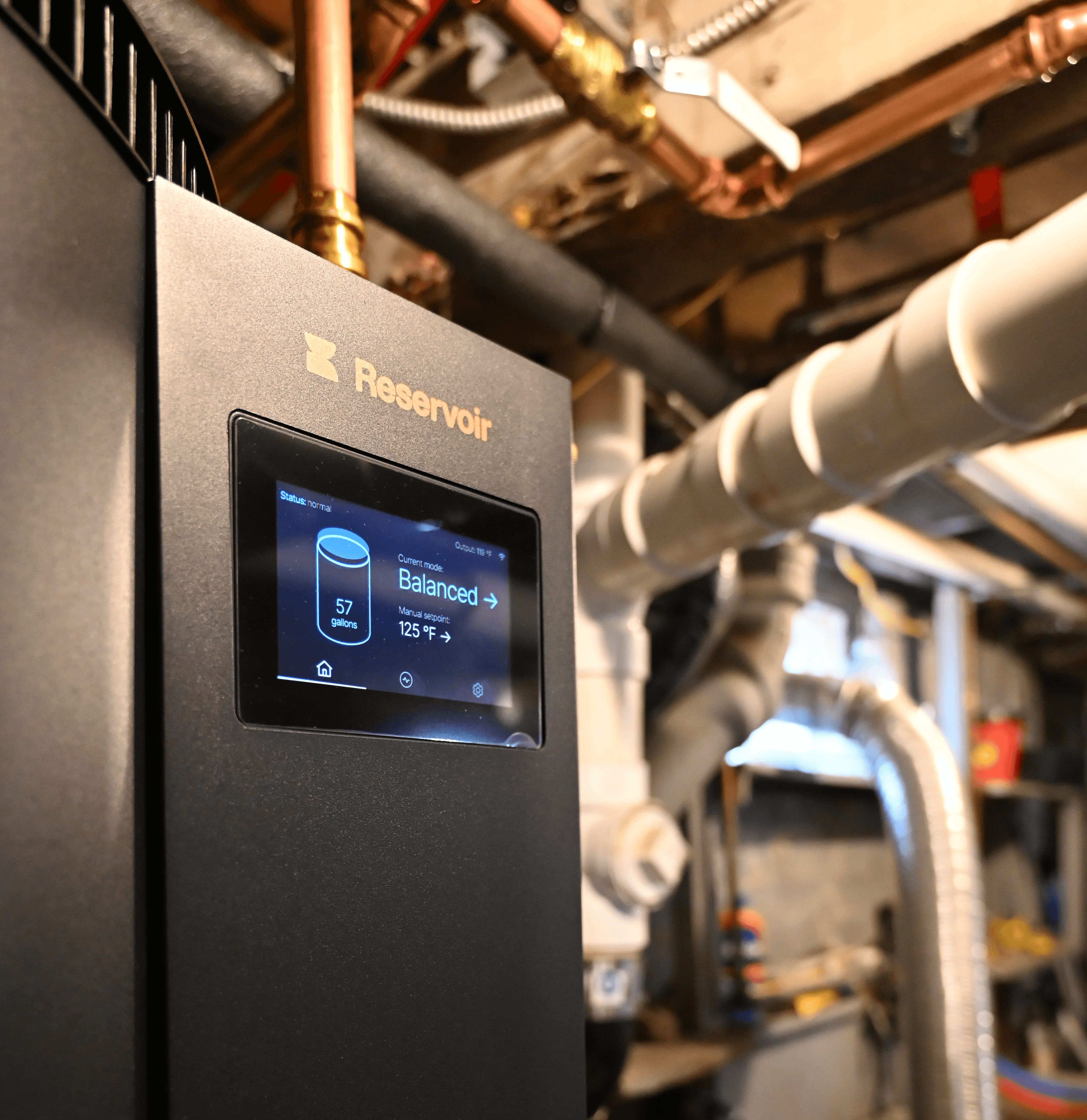 Reservoir water heater close-up with touchscreen panel