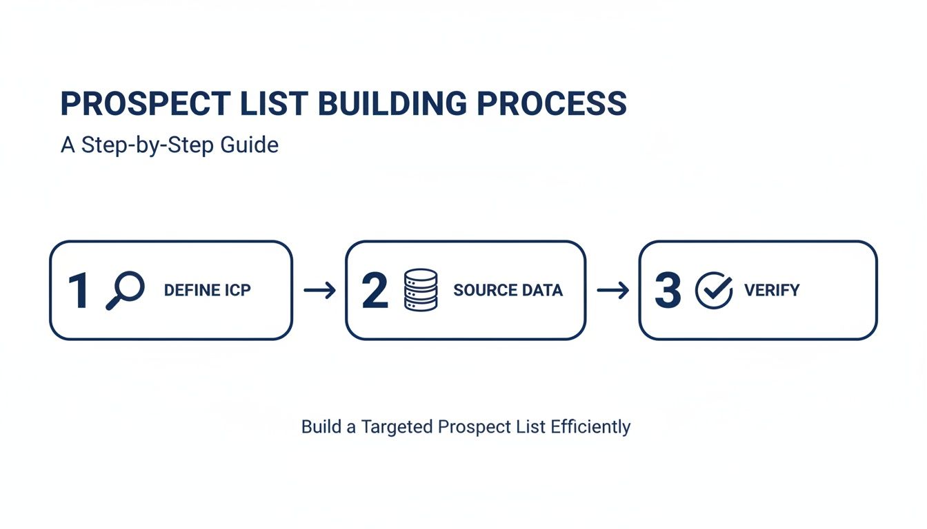 A step-by-step guide illustrating the prospect list building process with three key stages: define, source, and verify.