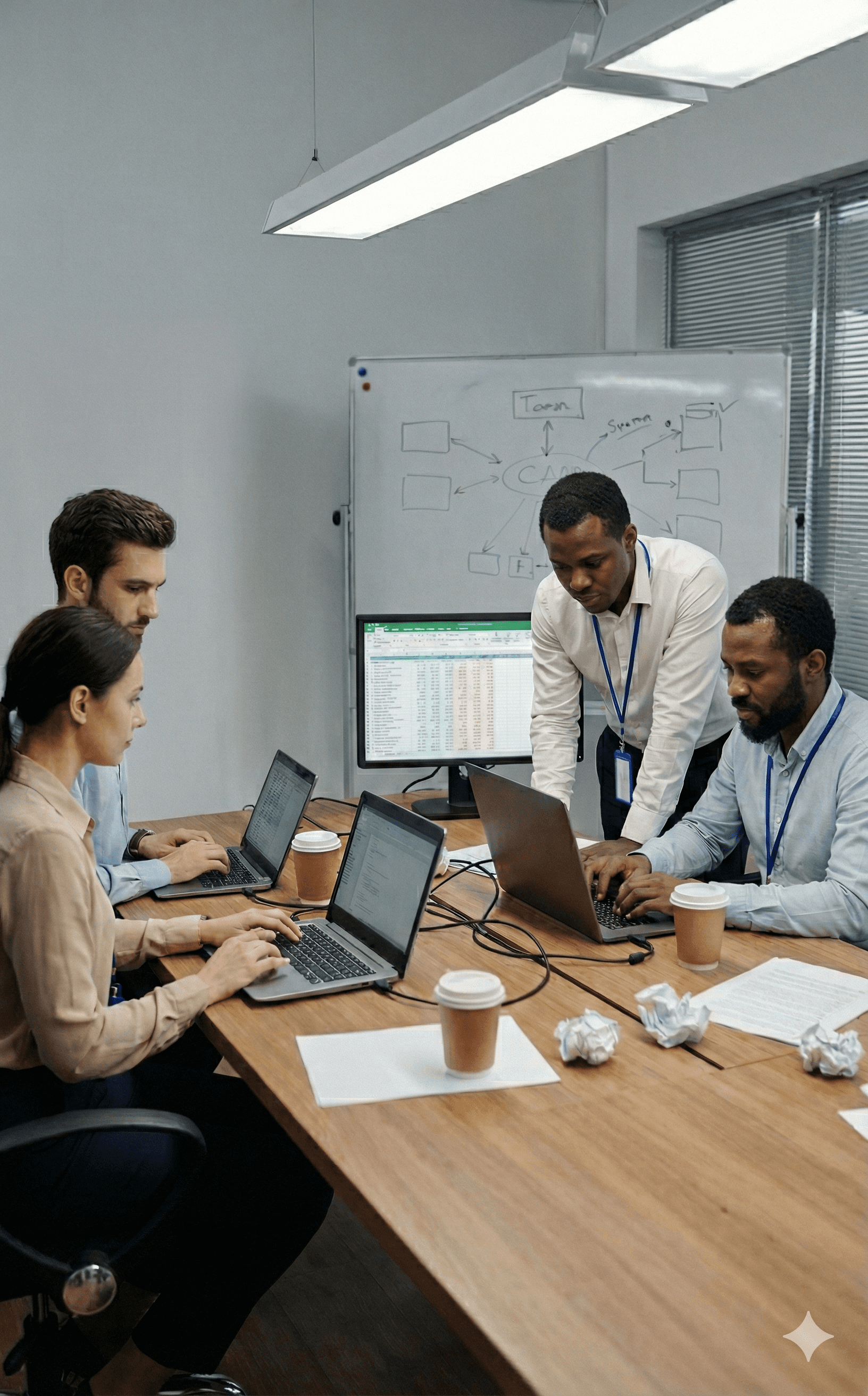 finance professionals working together on laptops during a system migration and testing phase.