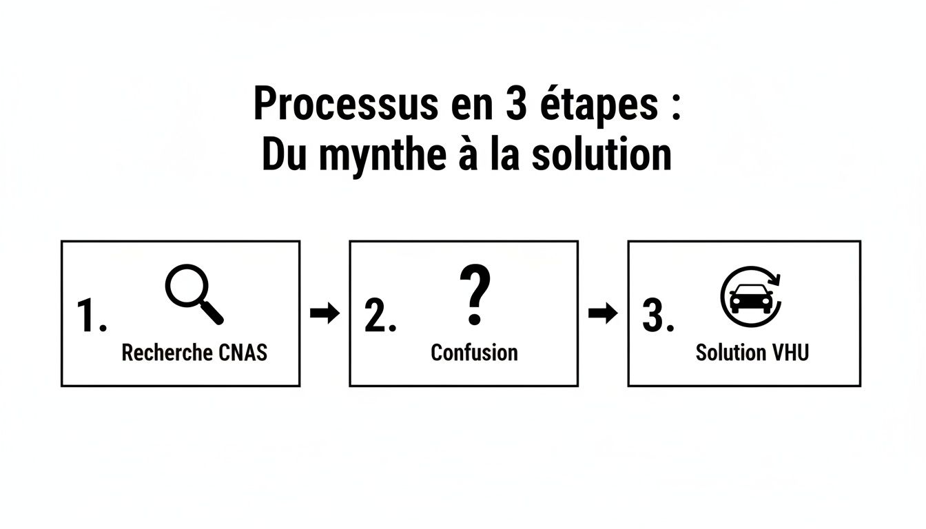 Diagramme illustrant un processus en 3 étapes : recherche CNAS, confusion, puis solution VHU.