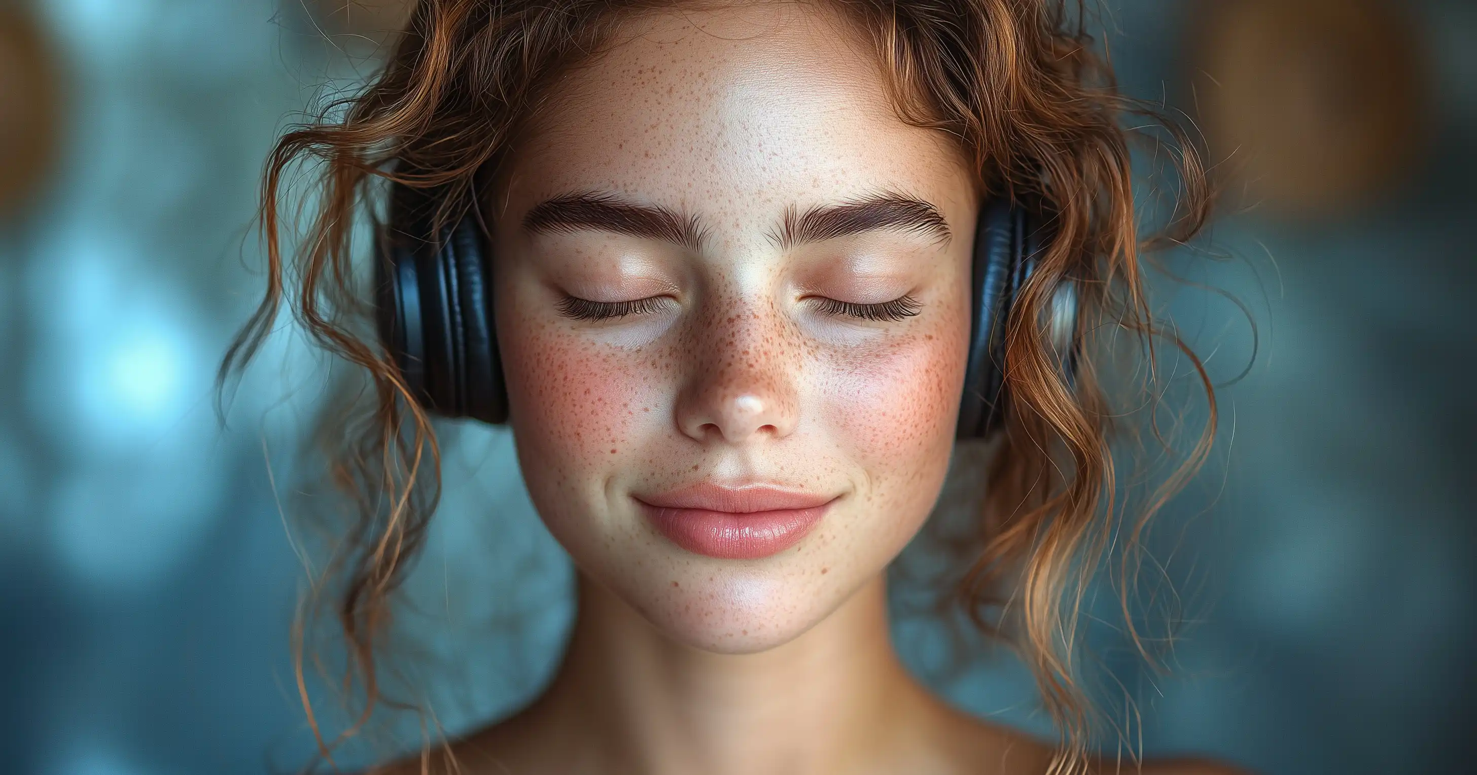 a close up of a young woman wearing headphones and closing her eyes