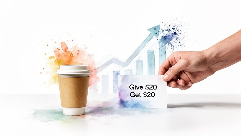 A hand holds a 'Give $20 Get $20' card next to a coffee cup and a growth chart.