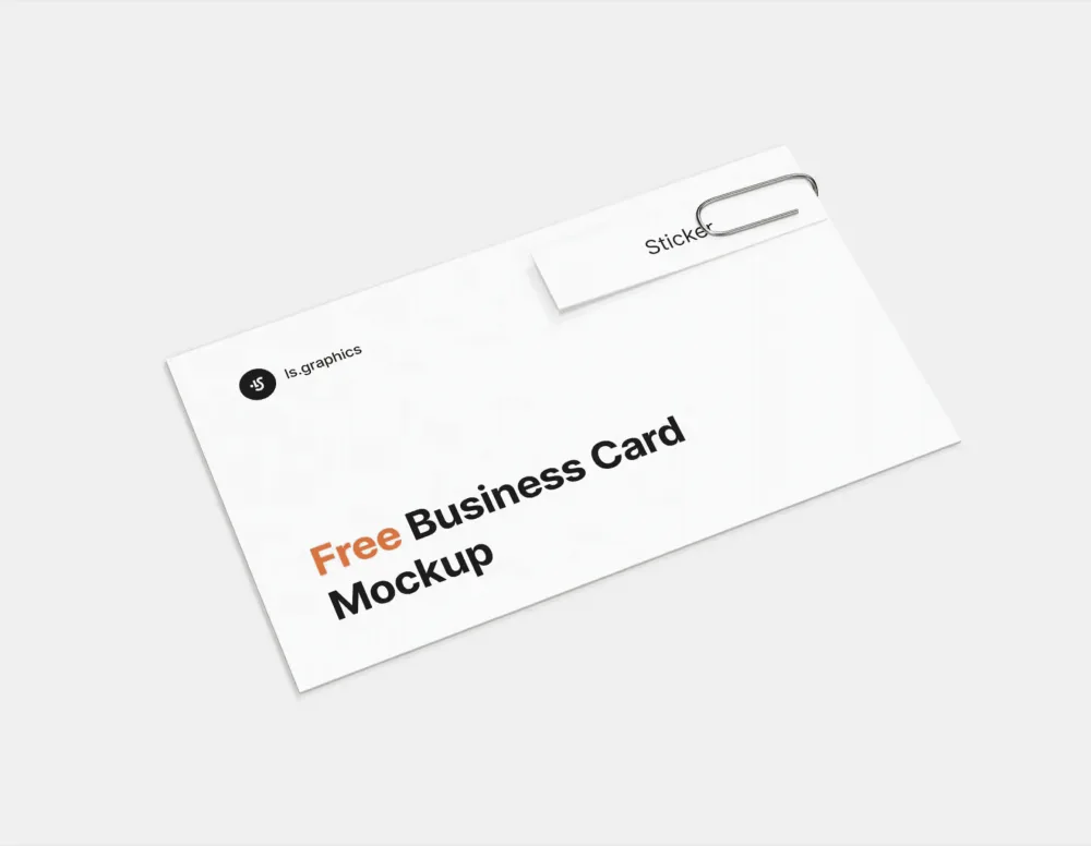A minimalistic business card mockup featuring a clean white card clipped with a metallic paperclip to a smaller label. Set against a light gray background, highlighting its sleek, modern design.