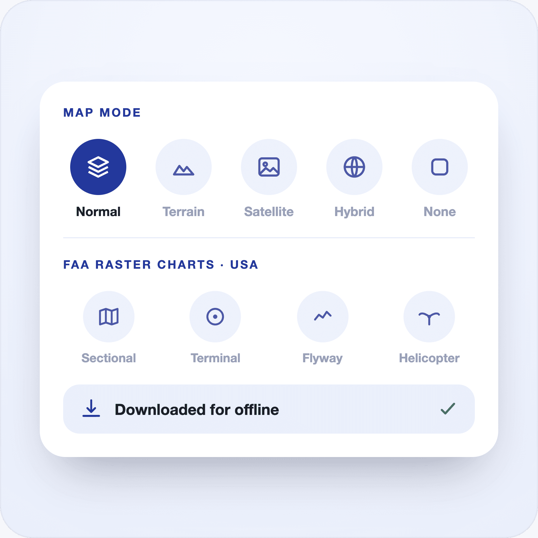 Map style options and FAA raster chart downloads in FLYLOG.io