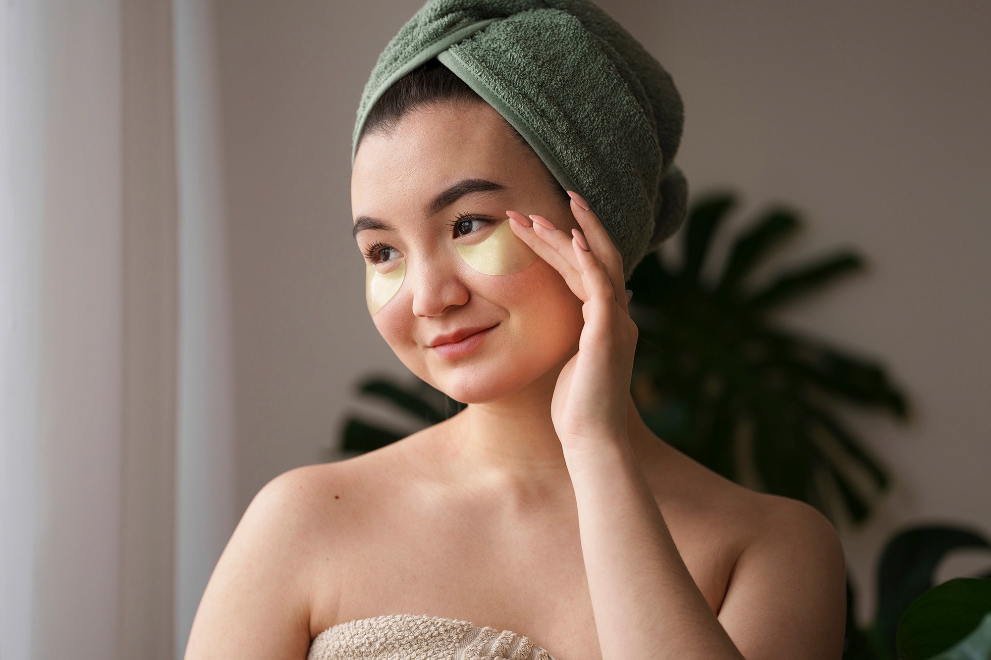 Young woman with a green towel wrapped around her head, wearing under-eye patches and smiling during a self-care routine