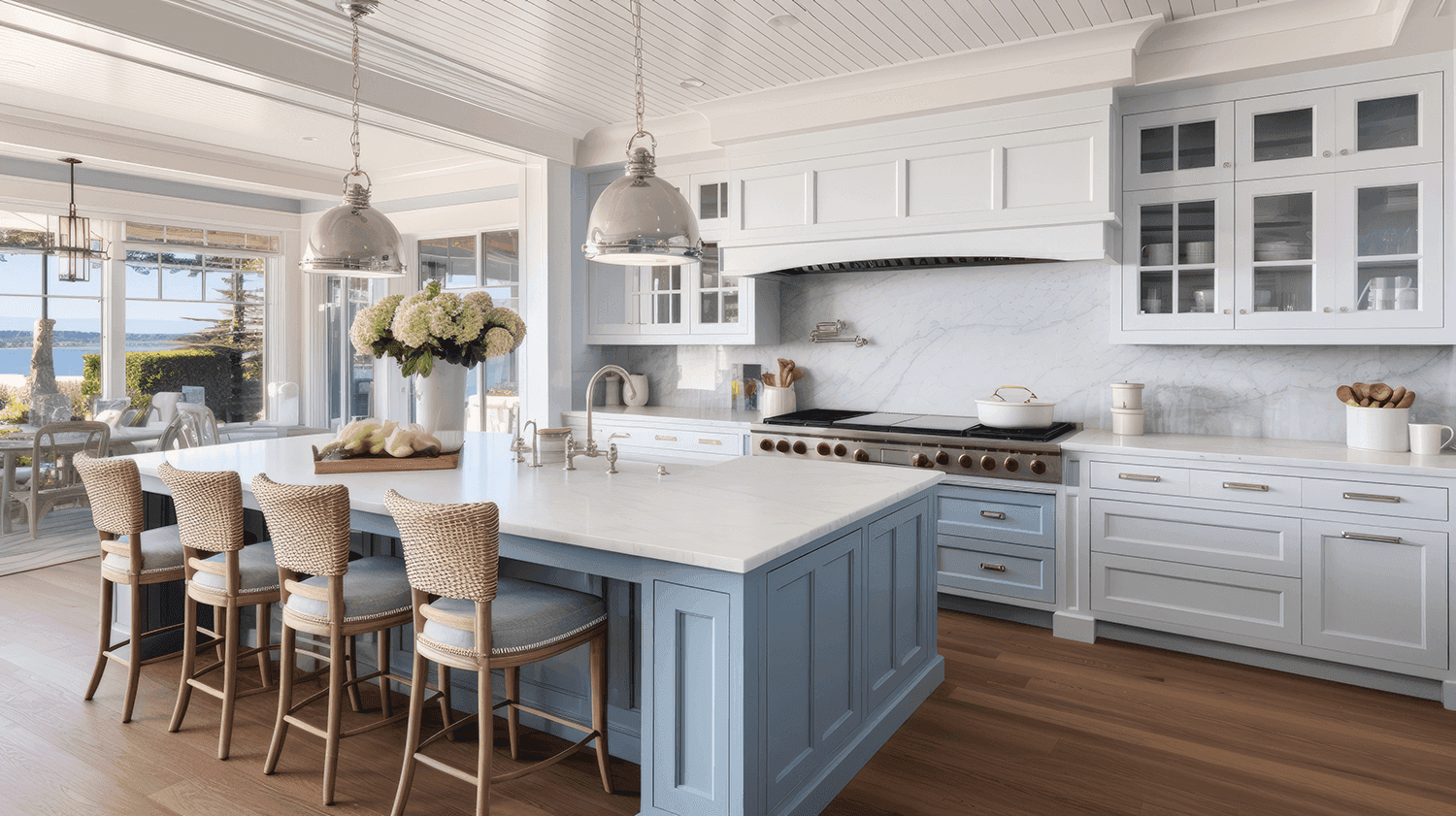 A bright and airy kitchen with blue and white cabinetry, a marble backsplash, and a large island featuring seating with woven chairs. Oversized pendant lights hang above the island, and the space opens to a stunning ocean view through large windows.