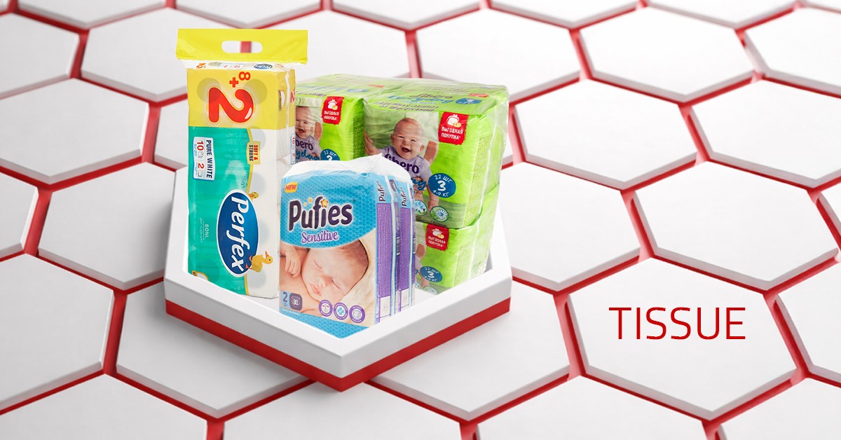 Windeln & Taschentücher. Babyprodukte auf Hexagon-Hintergrund.