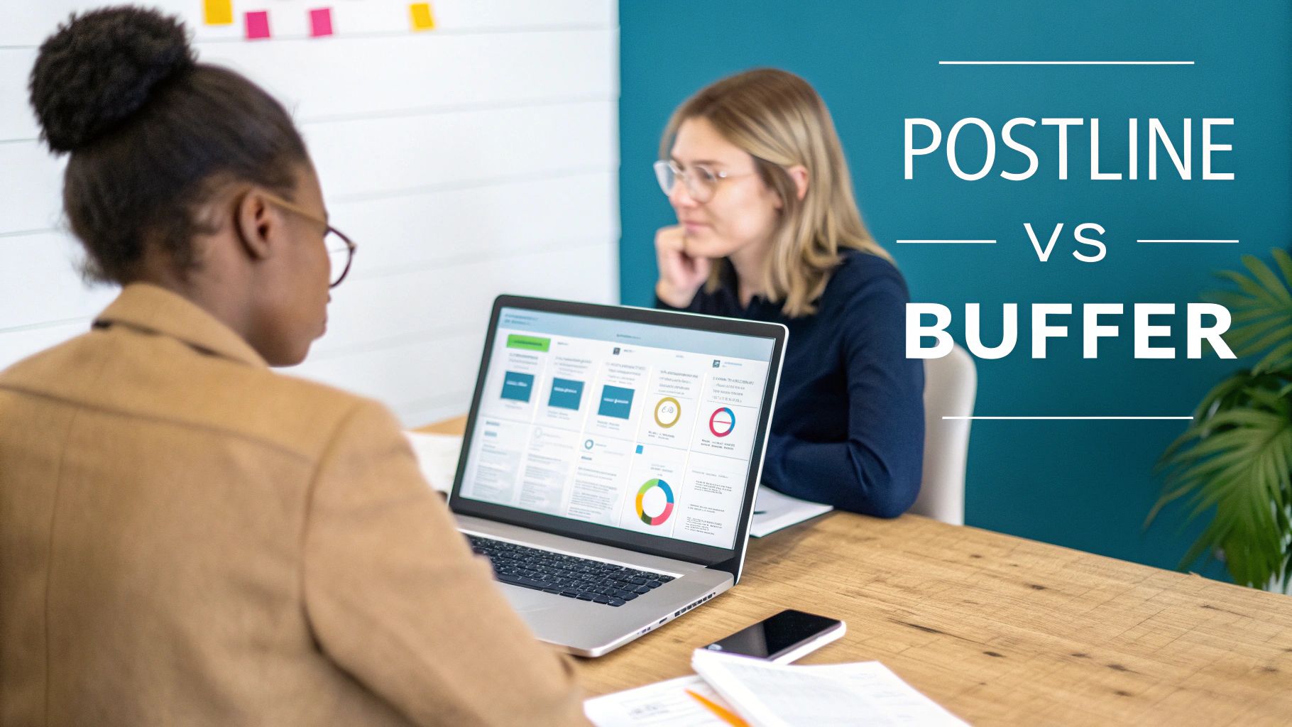 Two women in an office, one viewing data on a laptop, discussing Postline vs Buffer.