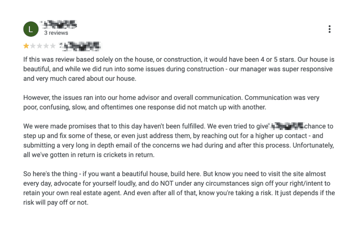 Screenshot of a 1-star review praising the house but criticizing the builder's communication