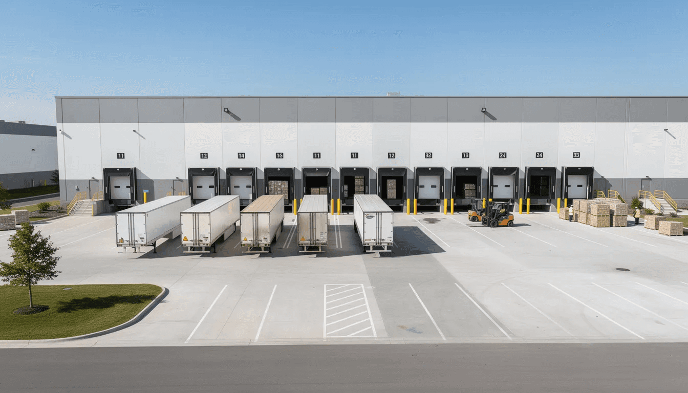 The image depicts a modern warehouse and logistics facility featuring multiple loading docks and trucks ready for transportation. This scene highlights the infrastructure essential for efficient supply chain management, which can be an important consideration for institutional investors exploring alternative investments in logistics and real assets.