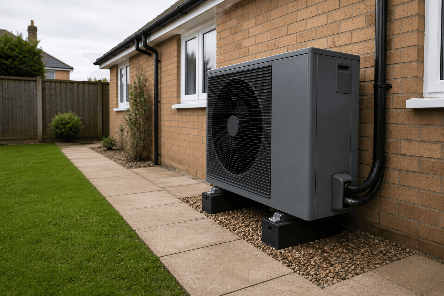 Air source heat pump unit installed outside a UK home — oversized heat pumps can cause short cycling and higher running costs