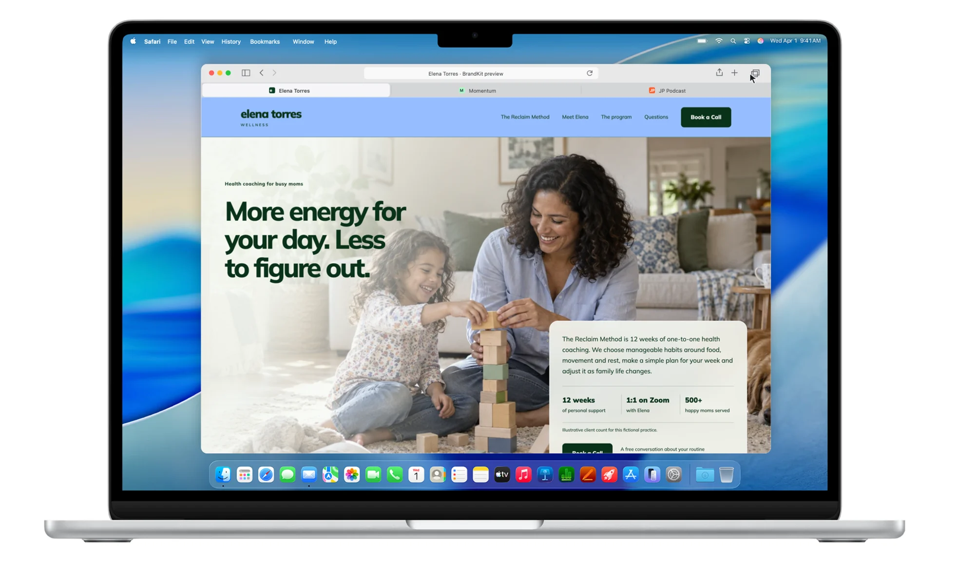 Laptop with Safari showing three fictional BrandKit website concepts