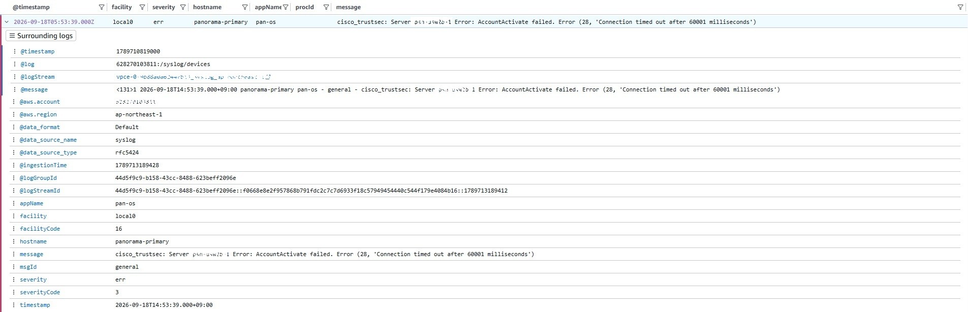 Expanded Panorama TrustSec timeout error parsed as RFC 5424.