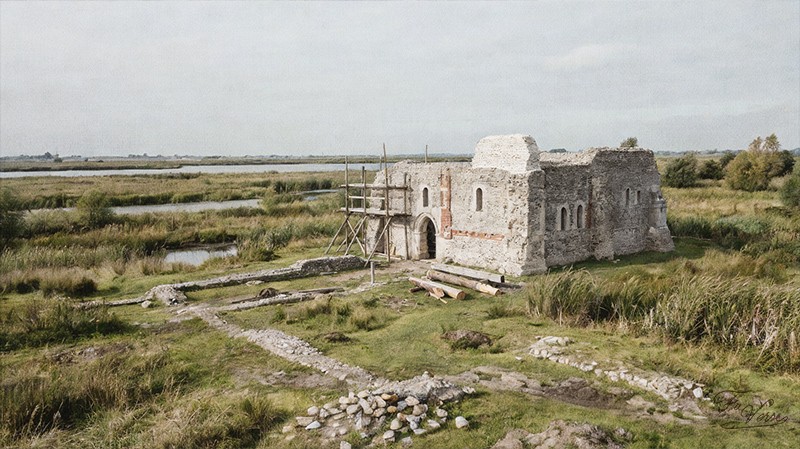 Sacred artwork by Faith and Verse. © Faith and Verse, 2026. All rights reserved. A partially rebuilt Anglo-Saxon monastery stands amid the flat Fenland wetlands, with scaffolding, ancient stonework, and reused masonry recalling Saint Æthelwold’s restoration of monastic houses in eastern England.