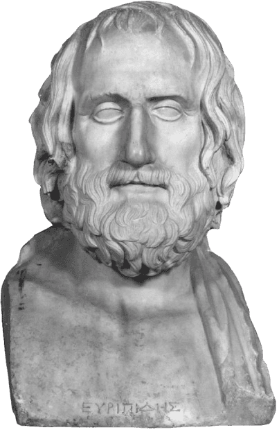 A marble bust of an ancient Greek philosopher or playwright, featuring a bearded man with wavy hair, solemnly sculpted in classical style. The detailed carving highlights the subject's thoughtful expression, and the inscription "Euripides" suggests the figure is the famous tragedian of ancient Greece. The artwork embodies the elegance and craftsmanship of ancient Greek sculpture, reflecting its historical significance in classical literature and philosophy.