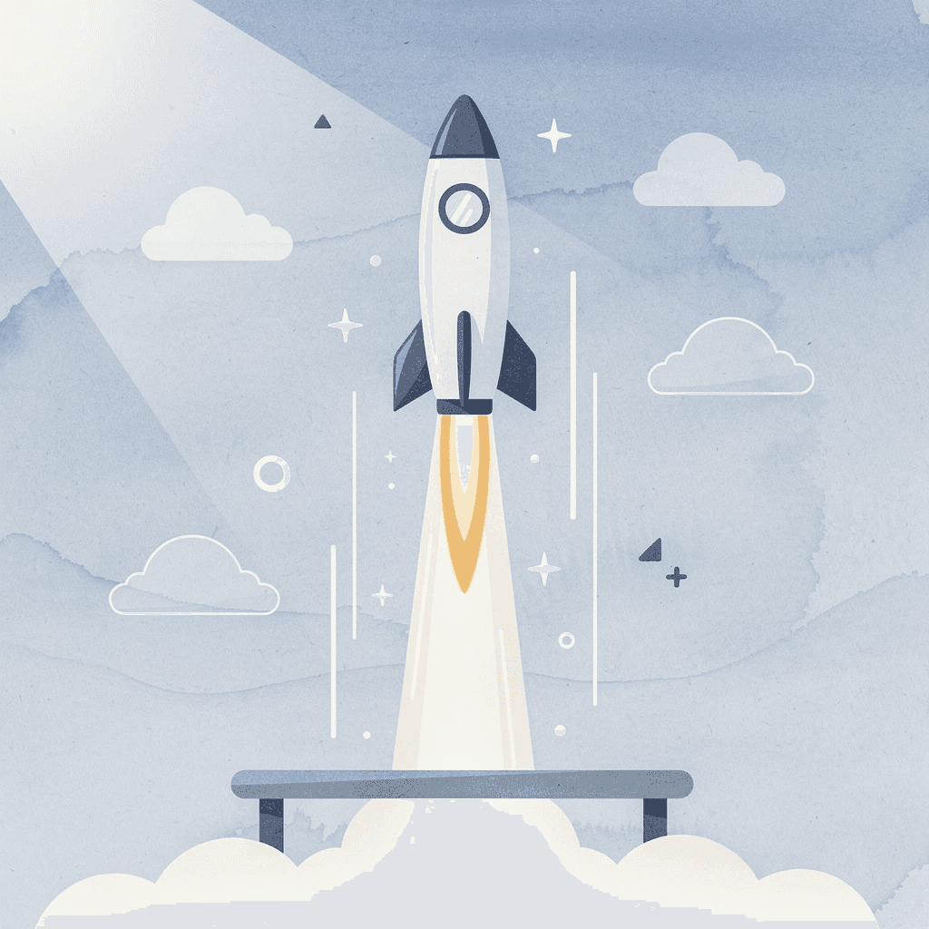 Scene illustration of branded merchandise launching upward, symbolizing business growth through promotional products