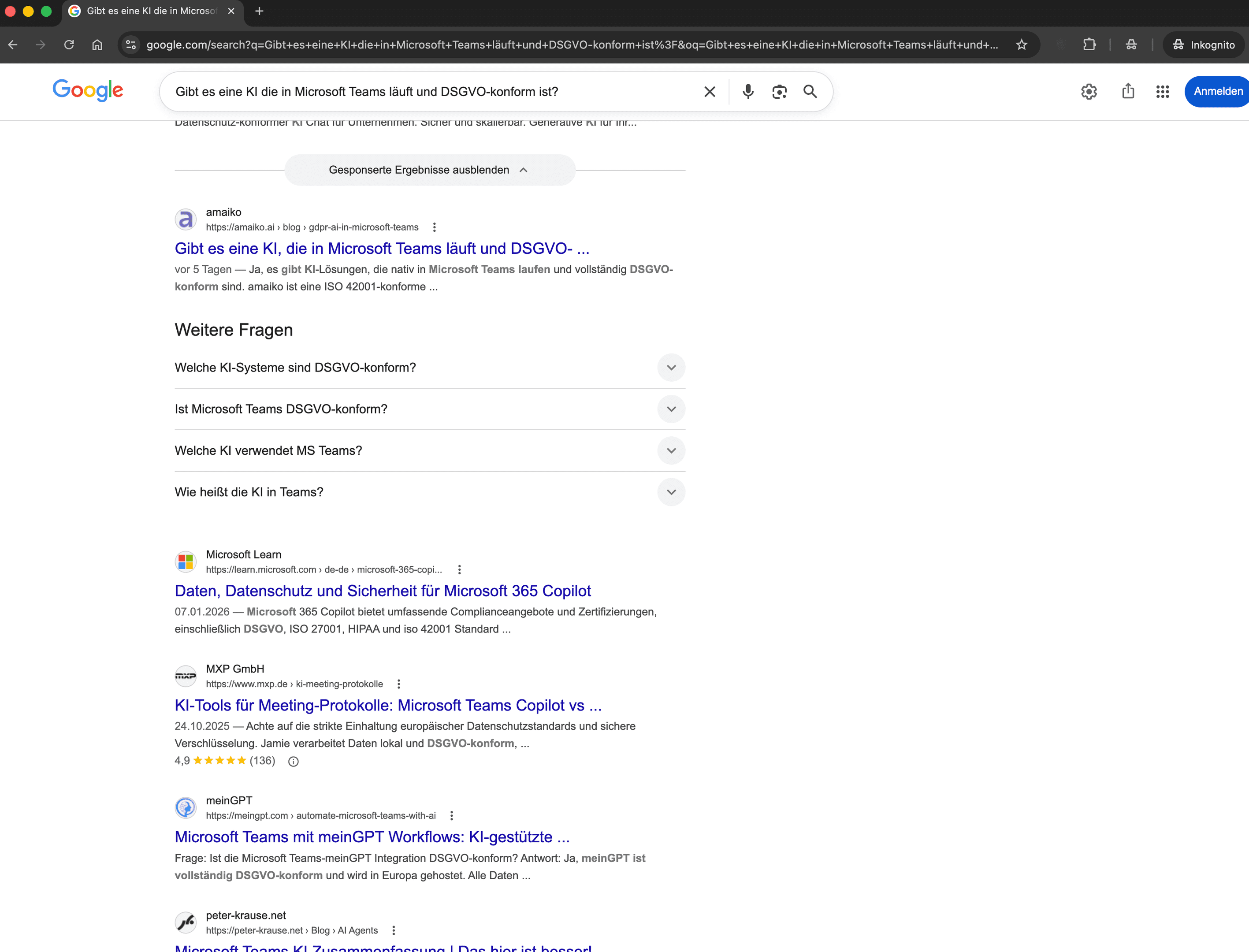 Google Suchergebnis für einen Prompt - Gibt es eine KI die in MS Teams läuft und DSGVO-konform ist? Platz 1 Ranking