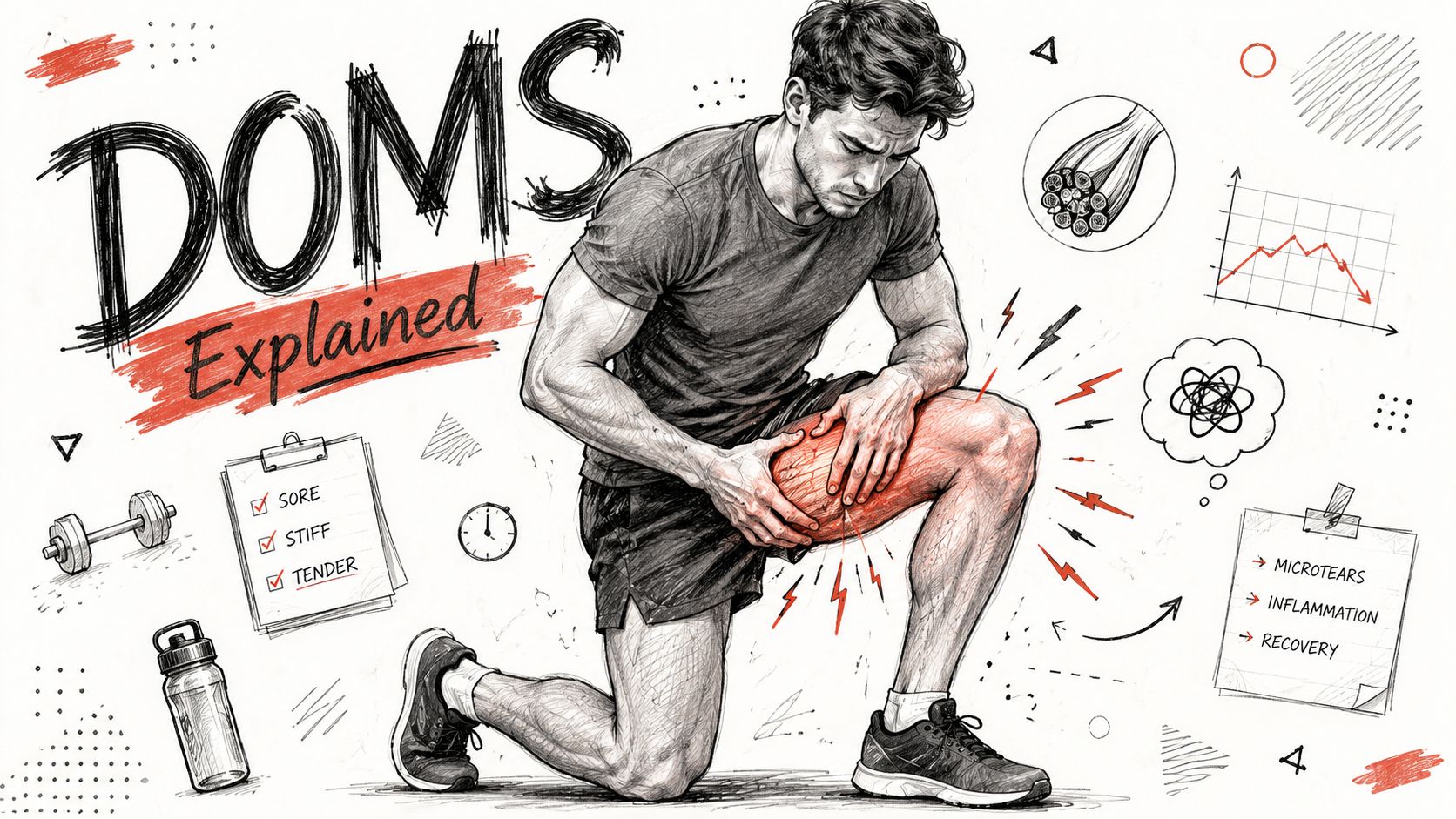 A sketched illustration depicting a man experiencing DOMS muscle soreness in his thigh after intense exercise.
