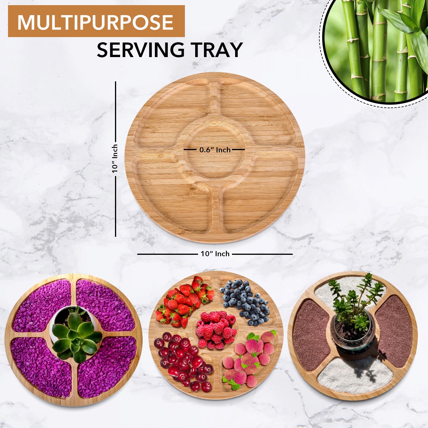 Bamboo multipurpose serving tray compartments