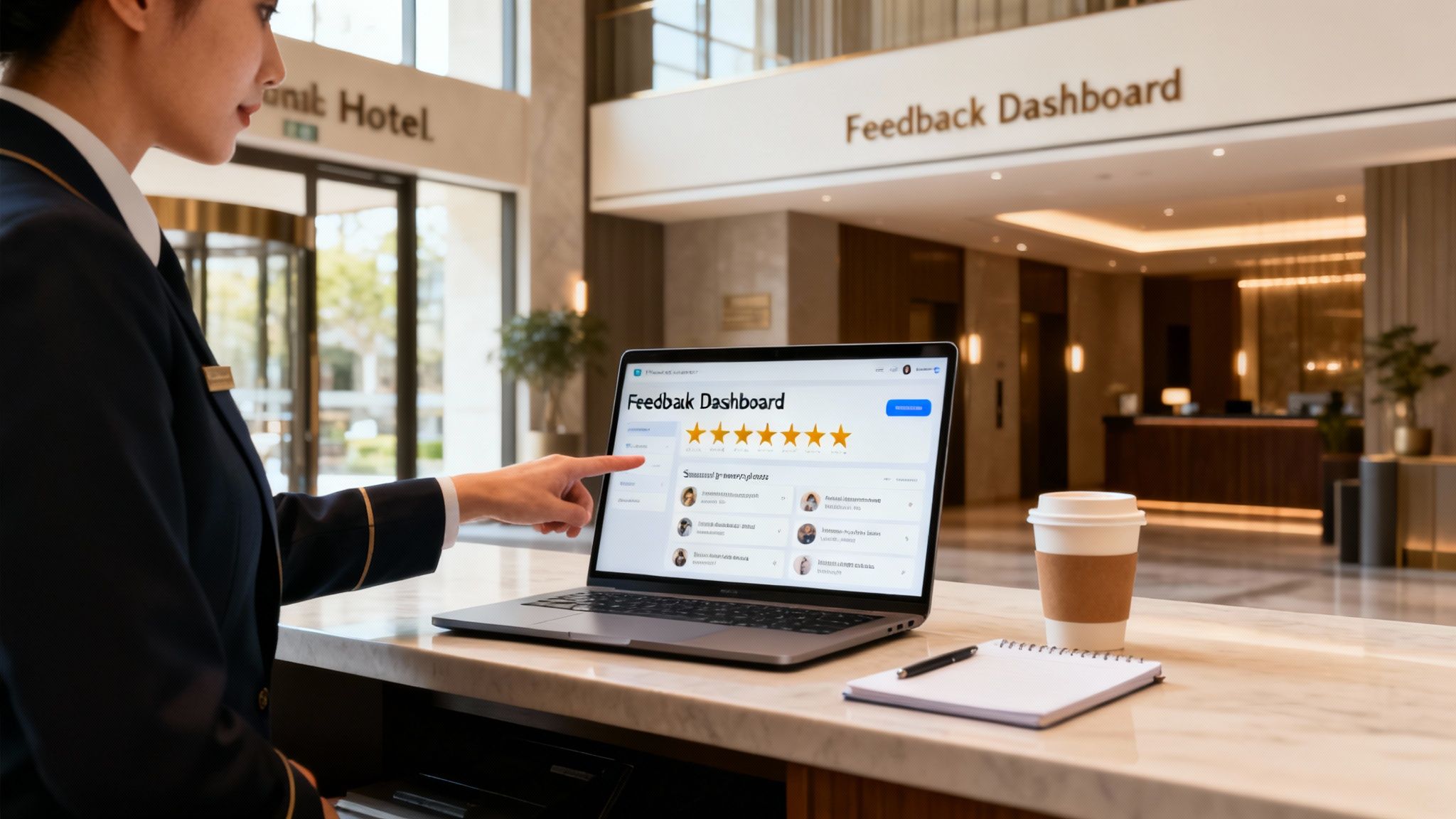 Hotel employee reviews customer feedback on a laptop dashboard at the reception desk.