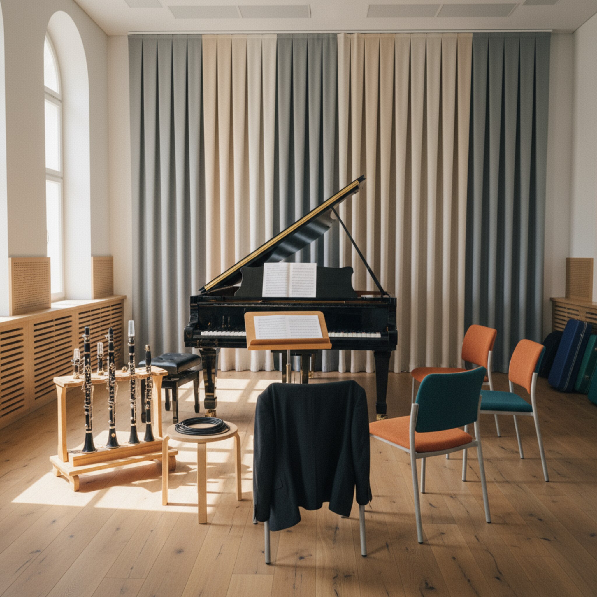 Ein akustisch optimiertes Studio mit Flügel, offenem Notenpult und wandhohen Vorhängen. Auf einem Ständer warten mehrere Klarinetten, daneben ein sorgfältig aufgewickeltes Kabel. Stühle sind exakt ausgerichtet, der Raum wirkt bereit. Weiches Seitenlicht zeichnet klare Konturen und lädt zur nächsten Belegung ein.