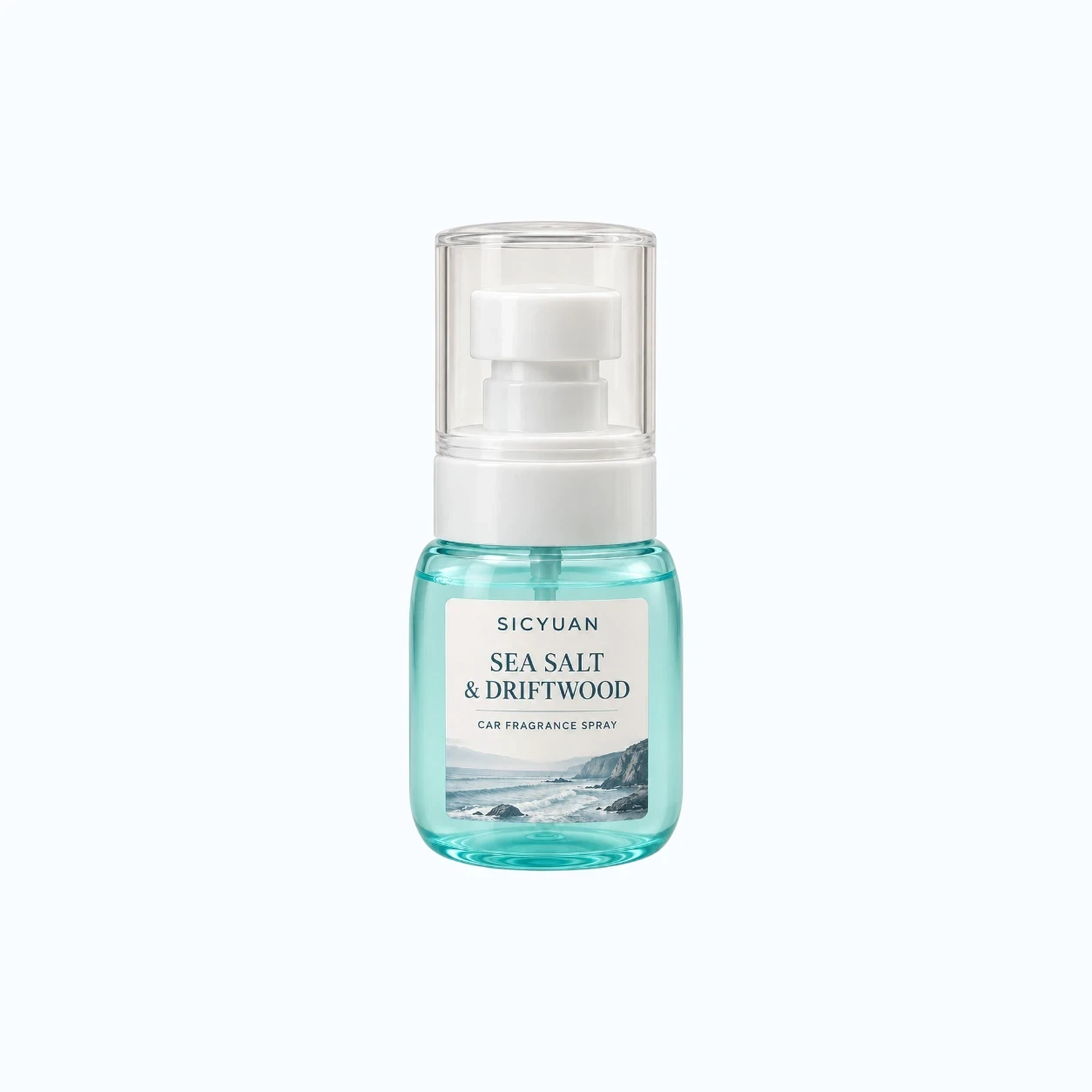 SICYUAN portable car air freshener spray in a rounded transparent bottle with a white pump and clear cap.