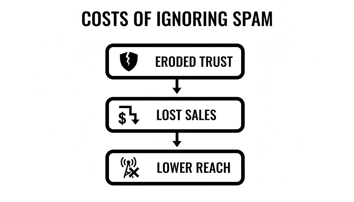 Flowchart illustrating the costs of ignoring spam: eroded trust, lost sales, and lower reach.