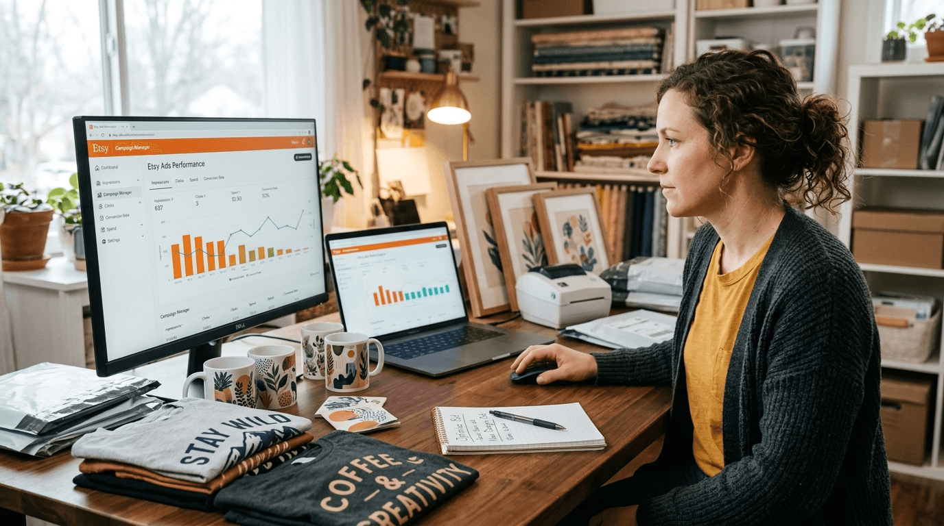 Etsy advertising dashboard showing campaign metrics